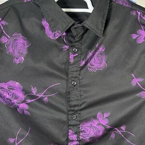 ZEROYAA Hipster Purple Shiny Rose Slim Fit Long Sleeve Button Down Men's Small